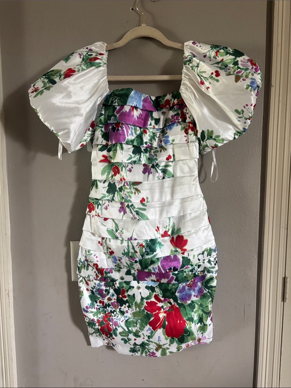 Badgley Mischka White Dress with Green and Red Floral Accents